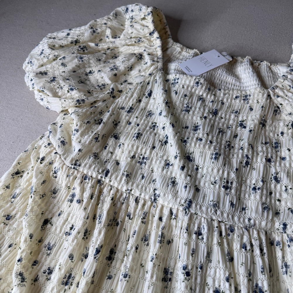 Beryl Womens 1X Cream Blue Floral Smocked Puff Sleeve Babydoll Dress Cottagecore